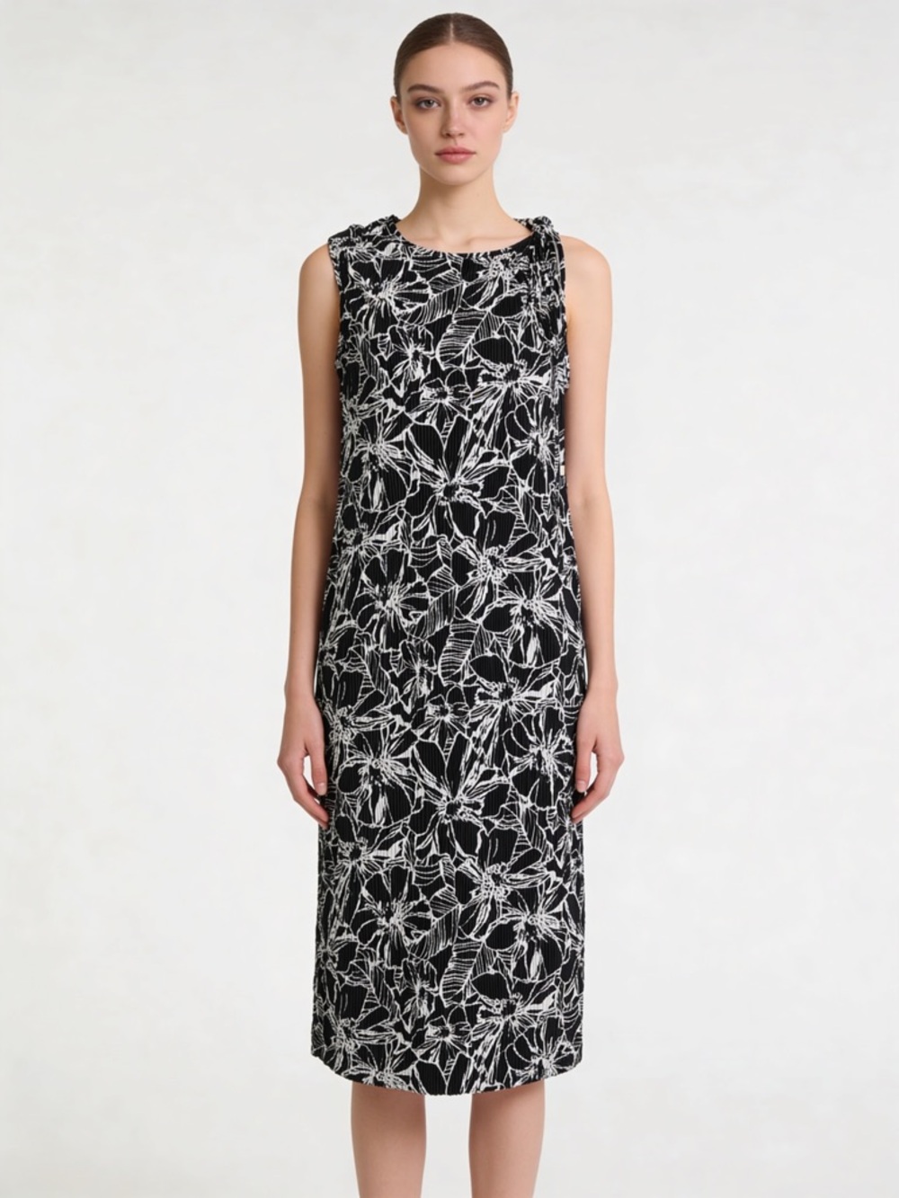 AK Anne Klein Black White Floral Midi Dress Size 4 Tie Shoulder